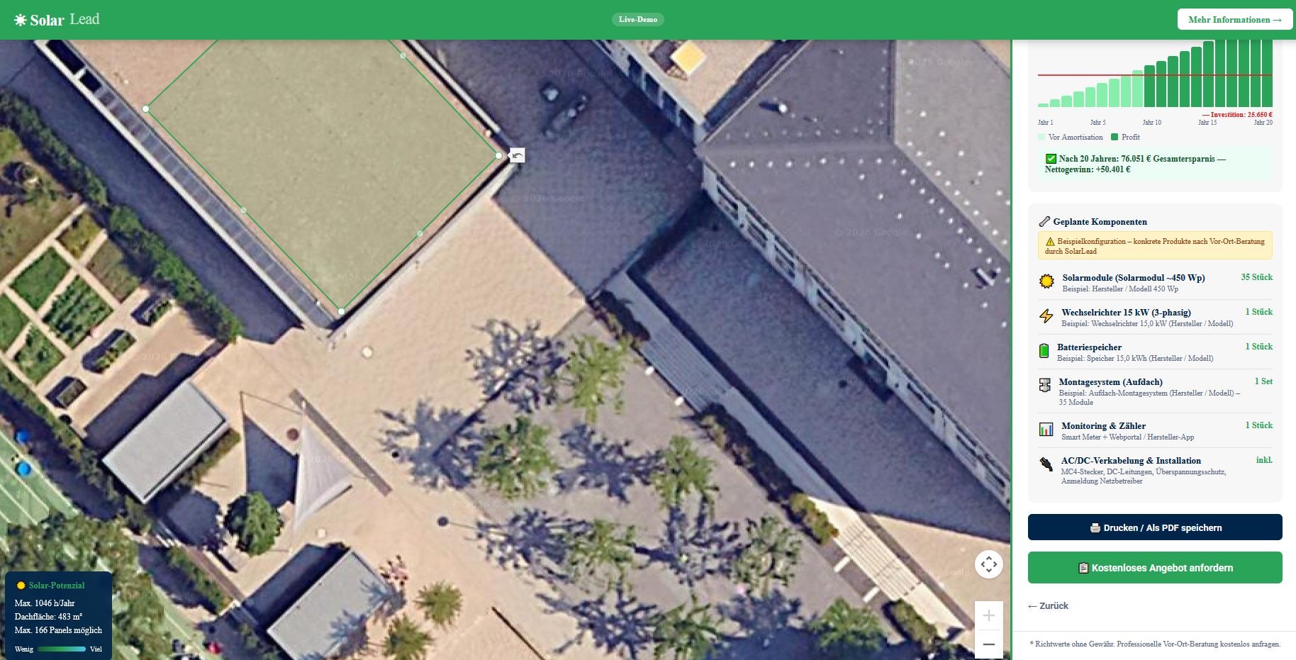 SolarLead Live-Demo: Schritt 5, geplante Komponenten und Angebot anfordern